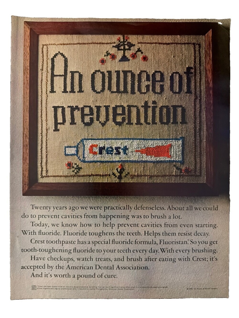 Crest Toothpaste 1970 Cross Stitch Print Ad Dental Dentist Teeth Brushing Cavity